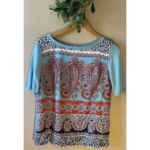 COPY - Talbots Knit Top Petite Medium Blue Paisley Contrasting Fabric Animal Pr…